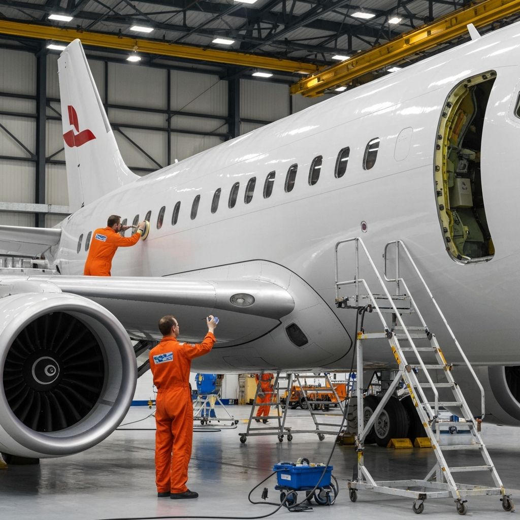Technician detailing private jet under hangar lights